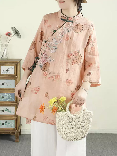 Camisa de ramio con cuello alto y flores de primavera étnicas para mujer