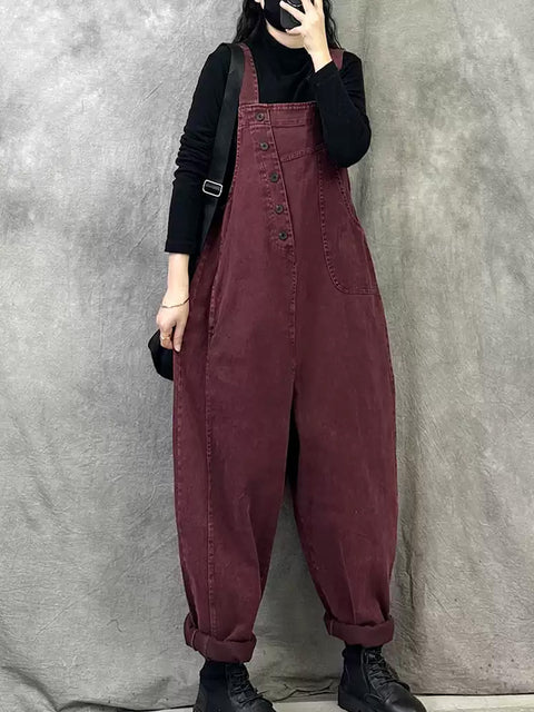 Women Spring Retro Pure Color Loose Jumpsuits