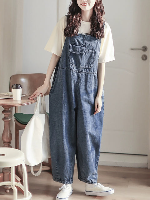 Women Spring Retro Pure Color Denim Jumpsuits