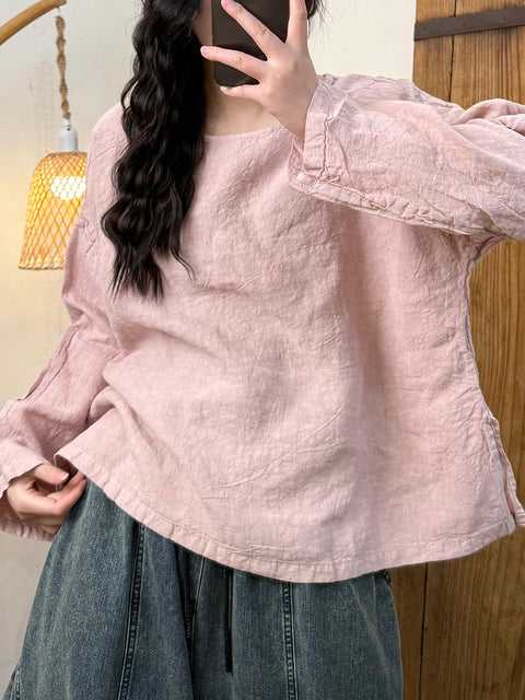 Women Spring Casual Pure Color O-Neck Linen Shirt