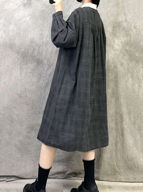 Women Spring Artsy Plaid Turn-down Collar Loose Dress