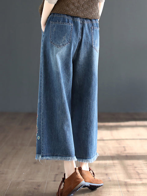 Women Spring Ethnic Denim Embroidery Wide-leg Pants