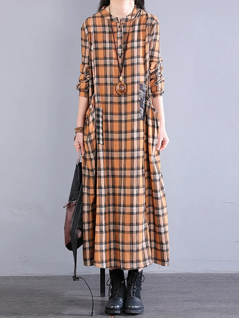 Women Spring Plaid Stand Collar Spliced 100%Cotton Dress