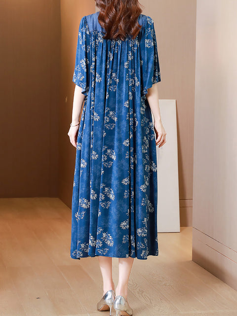 Women Spring Ethnic Floral Spliced O-Neck Loose Dress