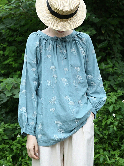 Women Summer 100%Cotton Embroidery O-Neck Shirt