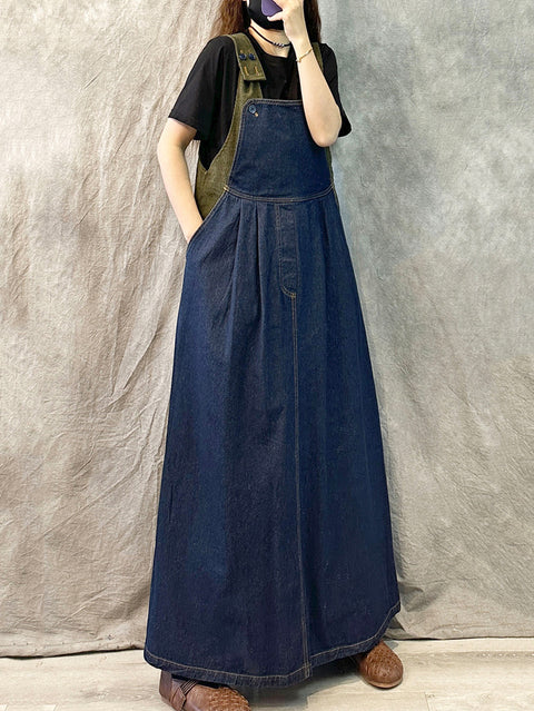 Women Summer Denim Spliced Long Suspenders Dress