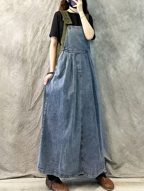 Women Summer Denim Spliced Long Suspenders Dress