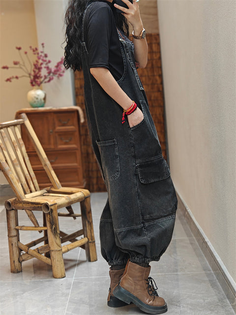 Women Spring Worn Washed Denim Loose Jumpsuits