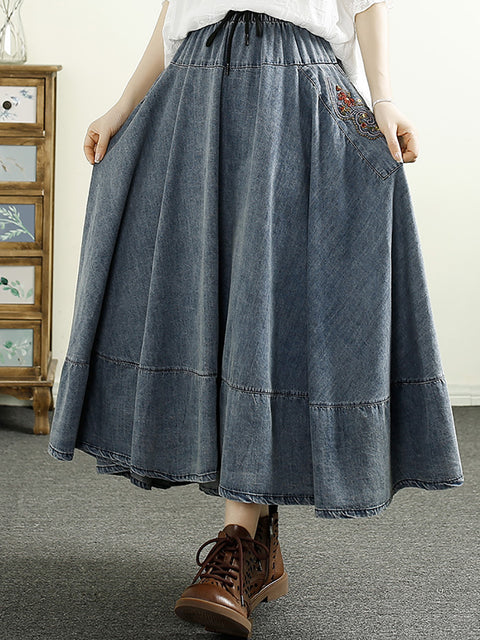 Women Spring Retro Embroidery A-Shape Denim Skirt