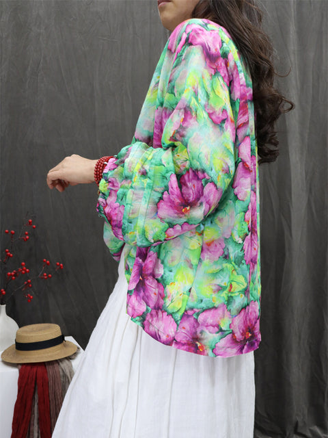 Women Artsy Summer Floral 100%Ramie O-Neck Shirt