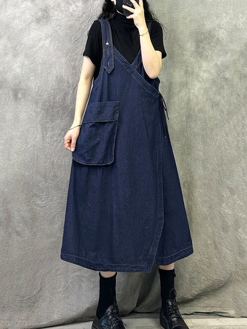 Women Vintage Spring V-Neck Denim Suspender Dress