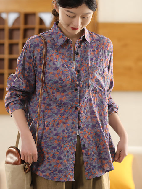 Women Artsy Spring Flower Turn-down Collar Shirt