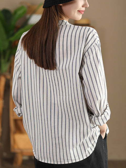 Women Vintage Spring Stripe Cotton V-Neck Shirt