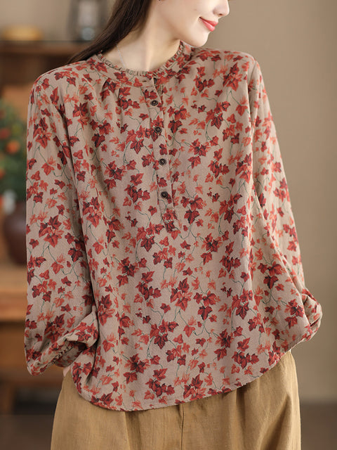 Women Artsy Flower Stand Collar 100%Cotton Shirt