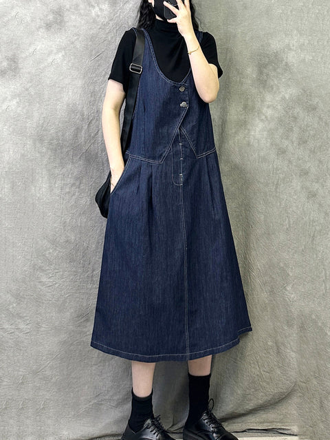 Women Spring Artsy Pure Color Denim Suspender Dress