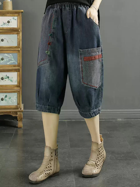 Women Retro Patch Spliced Denim Harem Middle  Pants