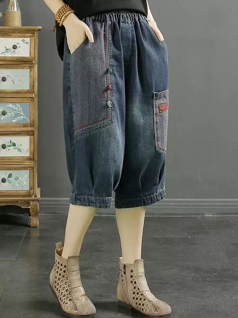 Women Retro Patch Spliced Denim Harem Middle  Pants