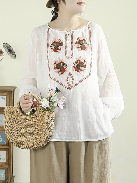 Women Spring Ethnic O-Neck Embroidery 100%Ramie Shirt