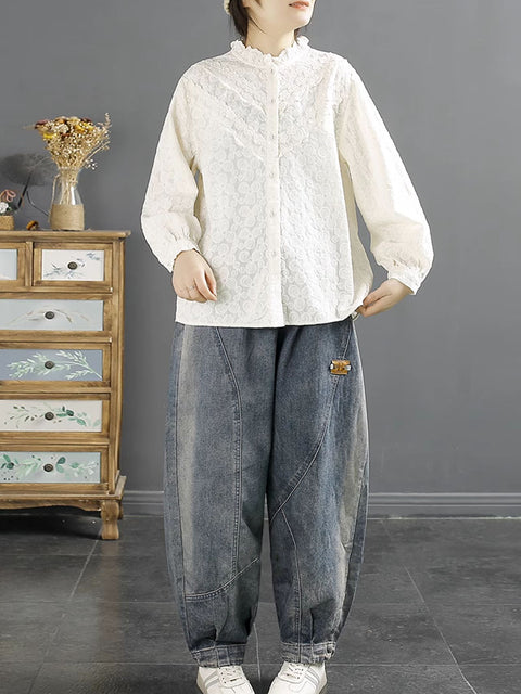 Women Casual Pure Color Denim Spliced Harem Pants