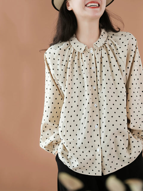 Camisa de mujer con cuello vuelto 100 % algodón y lunares de primavera