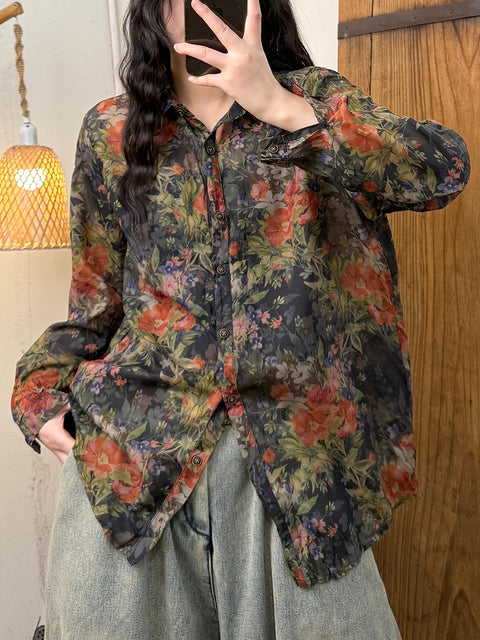 Camisa de flores con cuello vuelto y estilo artístico para mujer de primavera