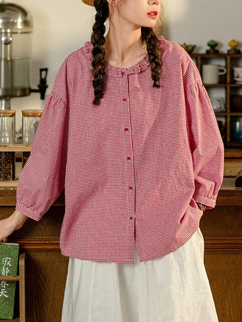 Camisa de mujer 100 % algodón con cuello de encaje y entramado de primavera