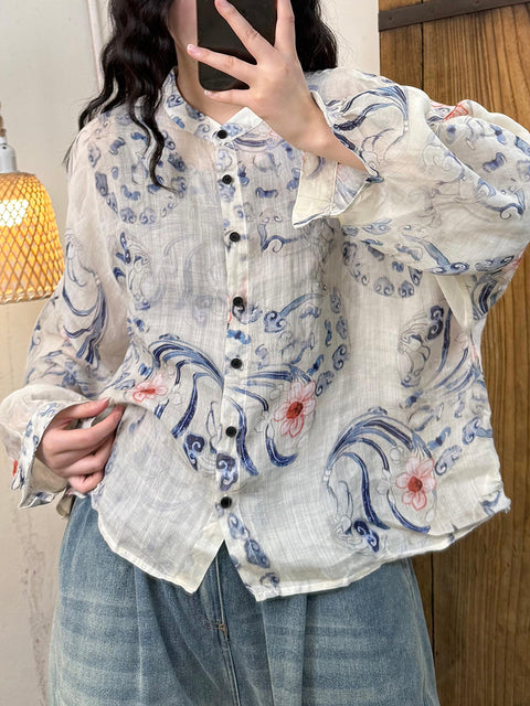 Camisa vintage de mujer con cuello alto y flores 100 % ramio de primavera