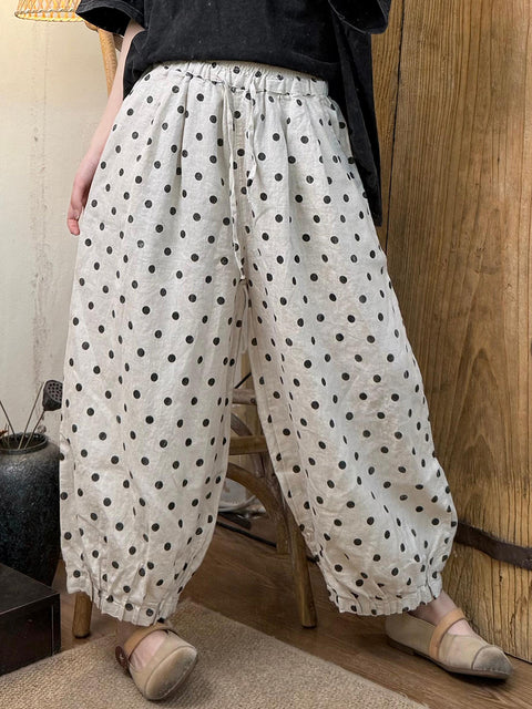 Pantalones bombachos holgados de lino con lunares vintage para mujer