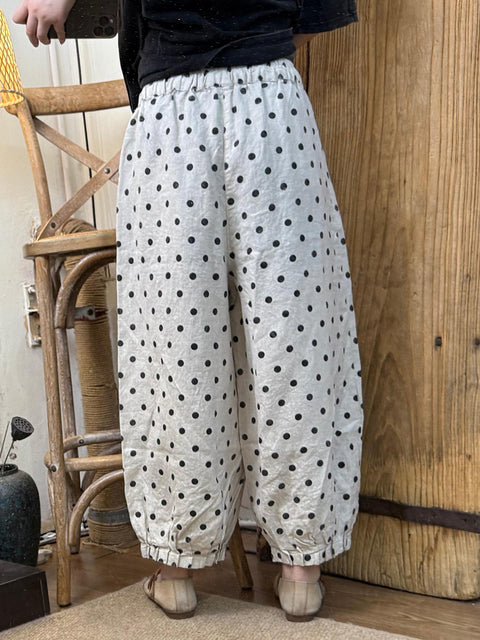 Pantalones bombachos holgados de lino con lunares vintage para mujer