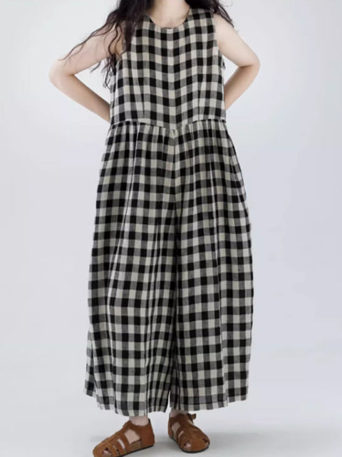 Women Summer Vintage Plaid Loose Wide-leg Jumpsuits