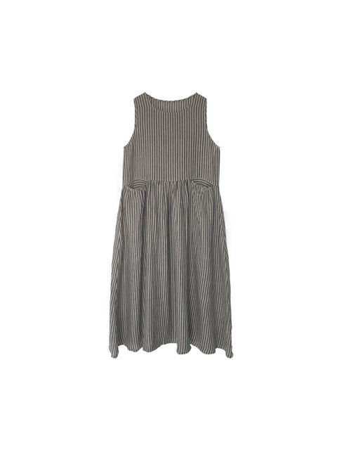 Women Spring Artsy Stripe 100%Linen Vest Maxi Dress