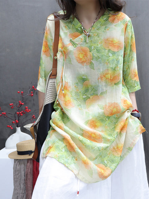 Women Spring Vintage Flower V-Neck 100%Ramie Shirt