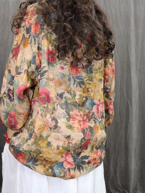 Women Artsy Flower Lace Collar 100%Ramie Shirt