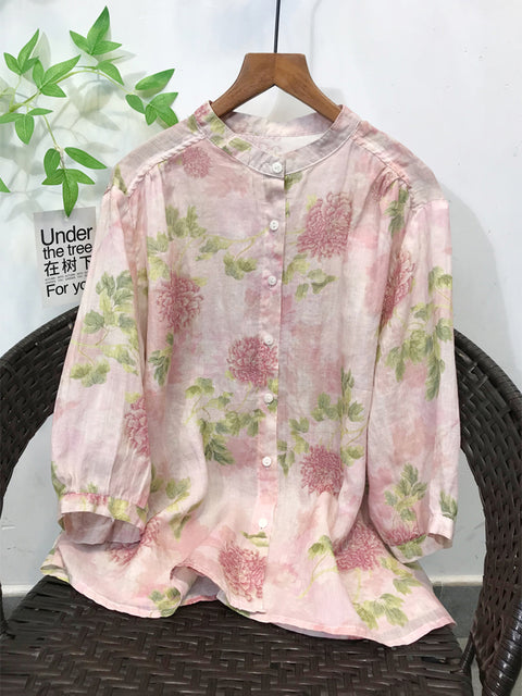 Camisa de mujer de primavera con cuello alto y estampado floral 100 % ramio