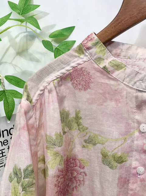 Camisa de mujer de primavera con cuello alto y estampado floral 100 % ramio