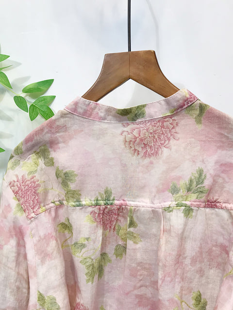 Camisa de mujer de primavera con cuello alto y estampado floral 100 % ramio