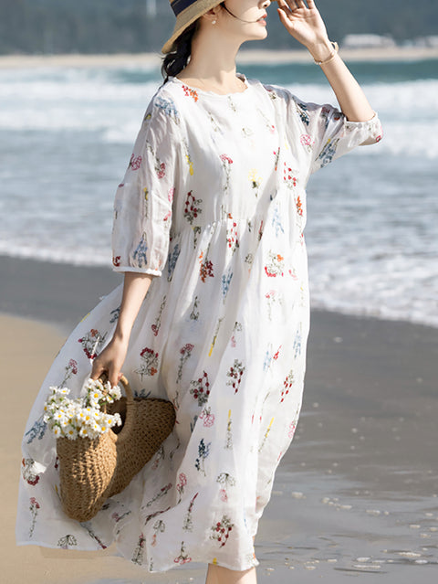 Vestido de mujer con bordado de flores primaverales 100 % ramio