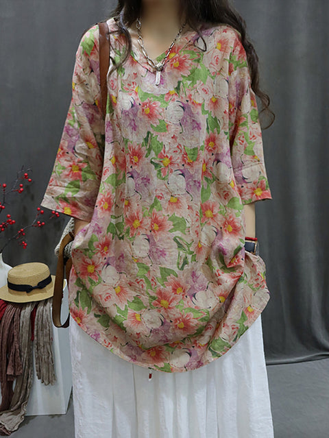 Camisa de mujer de primavera con escote en V y flores artísticas 100 % ramio