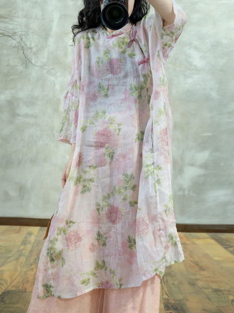 Vestido de mujer de primavera con cuello alto y estampado floral 100 % ramio