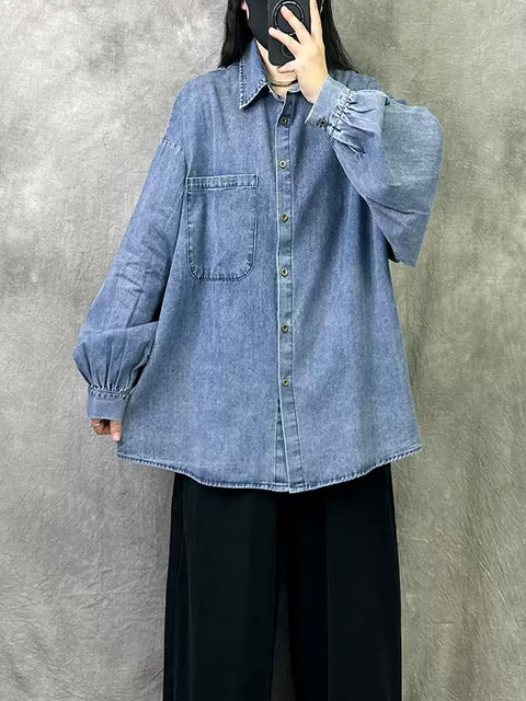 Women Spring Retro Pure Color Denim Shirt