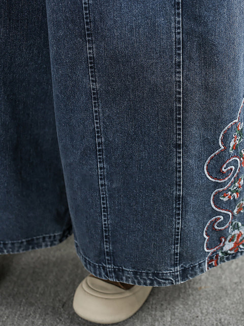 Women Vinage Embroidery Denim Wide-leg Pants