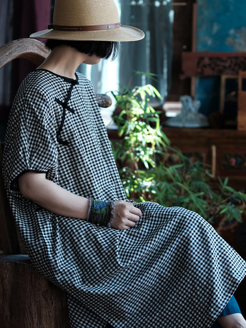 Vestido suelto con cuello redondo y cuadros escoceses de estilo artístico para mujer