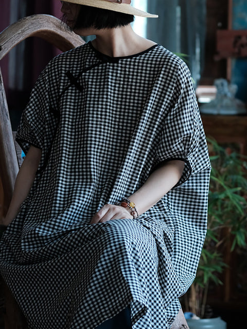 Vestido suelto con cuello redondo y cuadros escoceses de estilo artístico para mujer