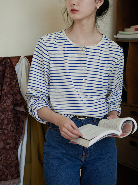 Camisa de algodón con cuello redondo y rayas de primavera para mujer