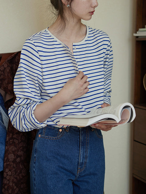 Camisa de algodón con cuello redondo y rayas de primavera para mujer