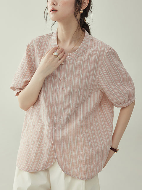 Camisa de algodón con cuello redondo y rayas de verano para mujer