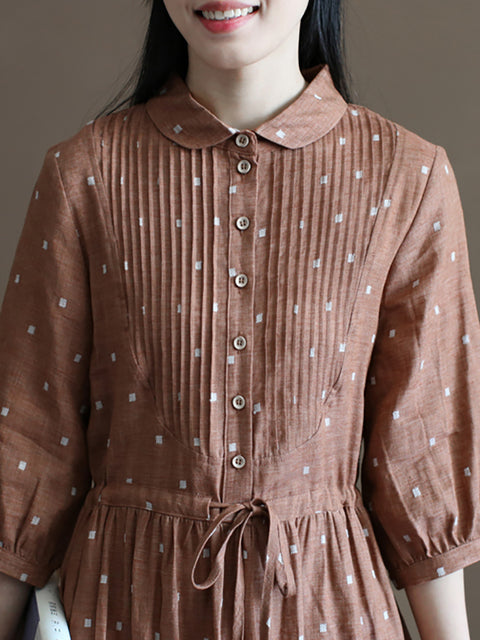 Vestido de lino fruncido con estampado de jacquard y flores de verano para mujer