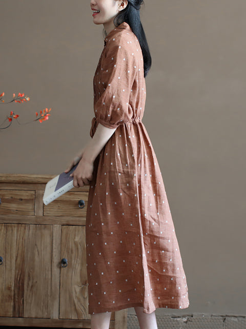 Vestido de lino fruncido con estampado de jacquard y flores de verano para mujer