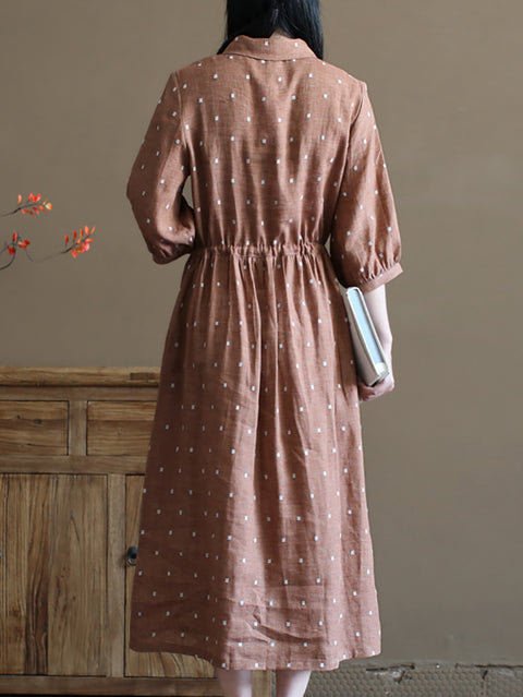 Vestido de lino fruncido con estampado de jacquard y flores de verano para mujer