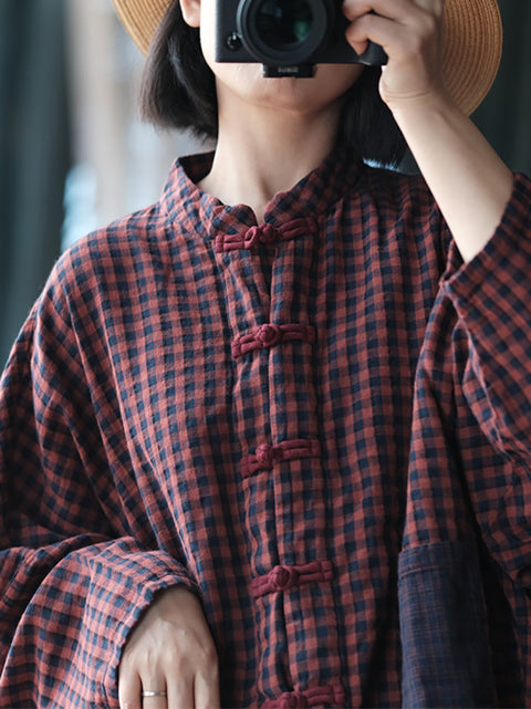 Camisa de algodón con cuello alto y diseño de cuadros retro con bloques de colores para mujer